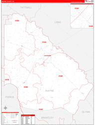 Wayne County, GA Wall Map Zip Code Red Line Style 2024