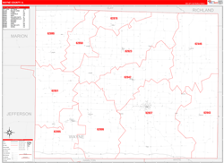 Wayne County, IL Wall Map Zip Code Red Line Style 2024