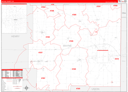 Wayne County, IN Wall Map Zip Code Red Line Style 2024