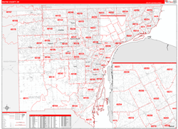 Wayne County, MI Wall Map Zip Code Red Line Style 2024