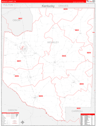 Weakley County, TN Wall Map Zip Code Red Line Style 2024