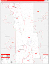 WebsterParish (County), LA Wall Map Zip Code Red Line Style 2023