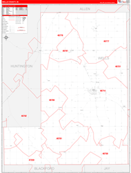 Wells County, IN Wall Map Zip Code Red Line Style 2024