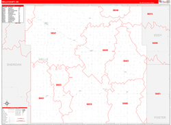 Wells County, ND Wall Map Zip Code Red Line Style 2023