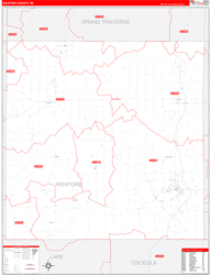 Wexford County, MI Wall Map Zip Code Red Line Style 2024