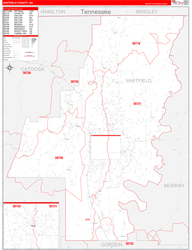 Whitfield County, GA Wall Map Zip Code Red Line Style 2024
