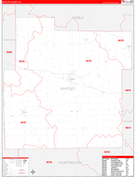 Whitley County, IN Wall Map Zip Code Red Line Style 2024
