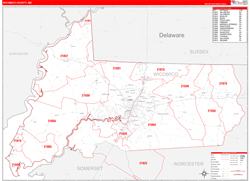 Wicomico County, MD Wall Map Zip Code Red Line Style 2024