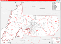 Wicomico County, MD Wall Map Zip Code Red Line Style 2026