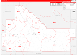 Wilcox County, AL Wall Map Zip Code Red Line Style 2024