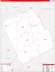 Wilkinson County, GA Wall Map Zip Code Red Line Style 2024