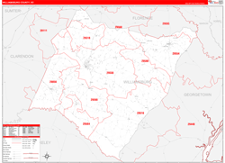 WilliamsburgCounty, SC Wall Map Zip Code Red Line Style 2024