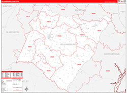 WilliamsburgCounty, SC Wall Map Zip Code Red Line Style 2026