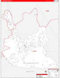 WilliamsburgCounty, VA Wall Map Zip Code Red Line Style 2026
