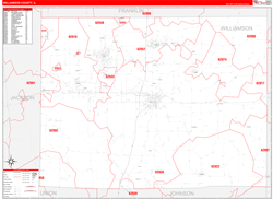 Williamson County, IL Wall Map Zip Code Red Line Style 2024