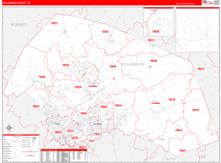 Williamson County, TX Wall Map Zip Code Red Line Style 2024