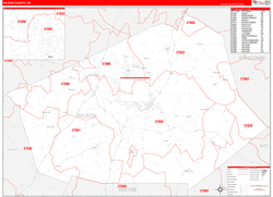 Wilson County, NC Wall Map Zip Code Red Line Style 2024