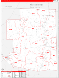 Windham County, CT Wall Map Zip Code Red Line Style 2024