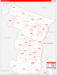 Windsor County, VT Wall Map Zip Code Red Line Style 2024