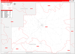 Winston County, MS Wall Map Zip Code Red Line Style 2024