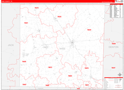 Wise County, TX Wall Map Zip Code Red Line Style 2024
