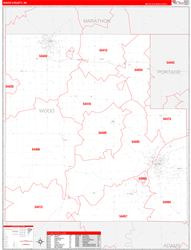 Wood County, WI Wall Map Zip Code Red Line Style 2024
