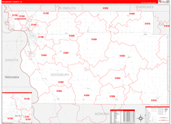Woodbury County, IA Wall Map Zip Code Red Line Style 2024