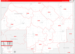 Woodford County, IL Wall Map Zip Code Red Line Style 2024