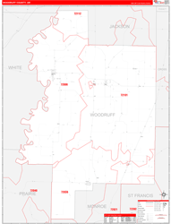 Woodruff County, AR Wall Map Zip Code Red Line Style 2024
