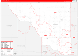 Woods County, OK Wall Map Zip Code Red Line Style 2024