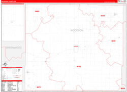 Woodson County, KS Wall Map Zip Code Red Line Style 2024