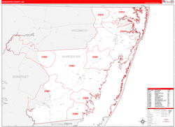 Worcester County, MD Wall Map Zip Code Red Line Style 2024