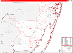 Worcester County, MD Wall Map Zip Code Red Line Style 2026