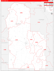 Worth County, GA Wall Map Zip Code Red Line Style 2024