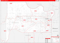 Wyandotte County, KS Wall Map Zip Code Red Line Style 2024