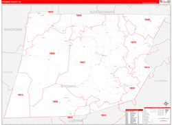 Wyoming County, PA Wall Map Zip Code Red Line Style 2024