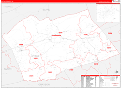 Wythe County, VA Wall Map Zip Code Red Line Style 2024