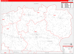 Yadkin County, NC Wall Map Zip Code Red Line Style 2026