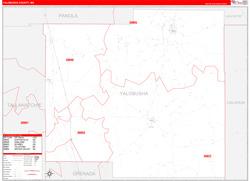Yalobusha County, MS Wall Map Zip Code Red Line Style 2024