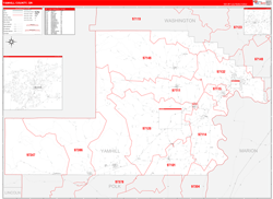Yamhill County, OR Wall Map Zip Code Red Line Style 2024
