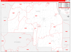 Yates County, NY Wall Map Zip Code Red Line Style 2024