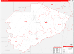 Yazoo County, MS Wall Map Zip Code Red Line Style 2024