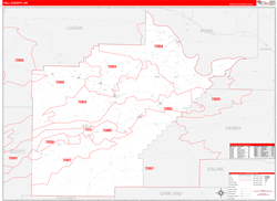 Yell County, AR Wall Map Zip Code Red Line Style 2024