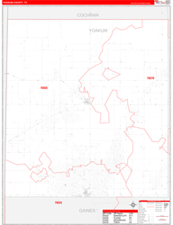 Yoakum County, TX Wall Map Zip Code Red Line Style 2024