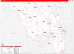 Yolo County, CA Wall Map Zip Code Red Line Style 2024