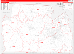 York County, SC Wall Map Zip Code Red Line Style 2024