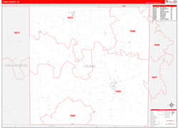 Young County, TX Wall Map Zip Code Red Line Style 2024