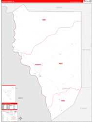 Zapata County, TX Wall Map Zip Code Red Line Style 2024