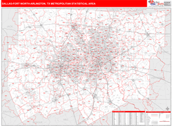 Dallas-Fort Worth-Arlington Metro Area, TX Zip Code Maps Red Line Style