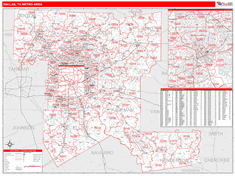 Dallas Metro Area Wall Map Red Line Style 2024